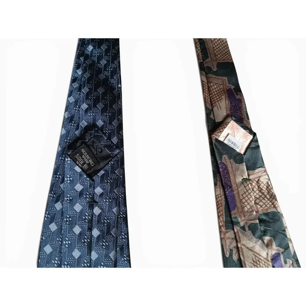 Calvin Klein 100% Silk Tie Lot 2pc Blue Geometric & Abstract Print 56”